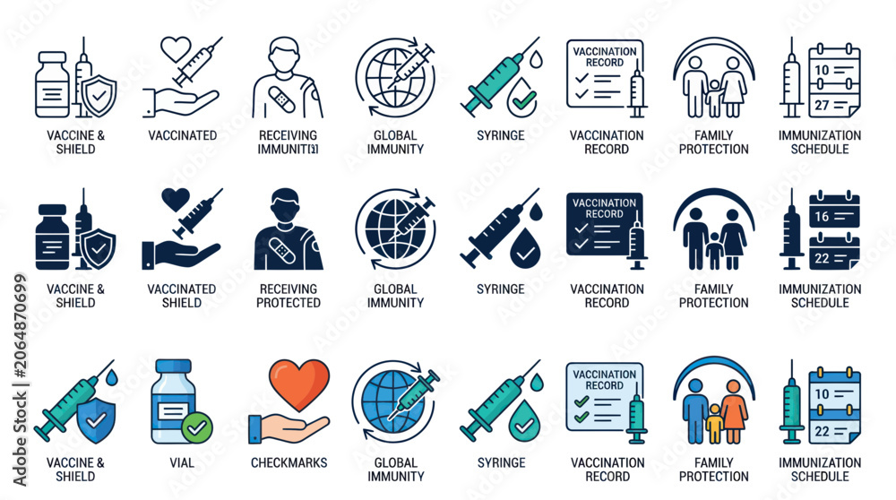 Fototapeta premium Vaccination and immunization icons for healthcare and safety