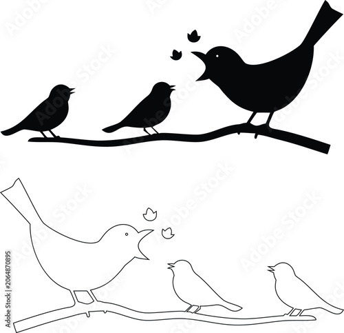 Foto Set of birds singing and chirping on a branch silhouette