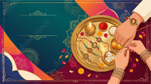 Raksha Bandhan festival background with rakhi thali, sister tying rakhi on brother hand, traditional Indian celebration vector with copy space