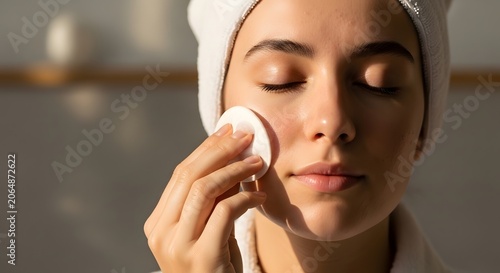 Young woman with head wrap cleansing facial skin with cotton pad at home