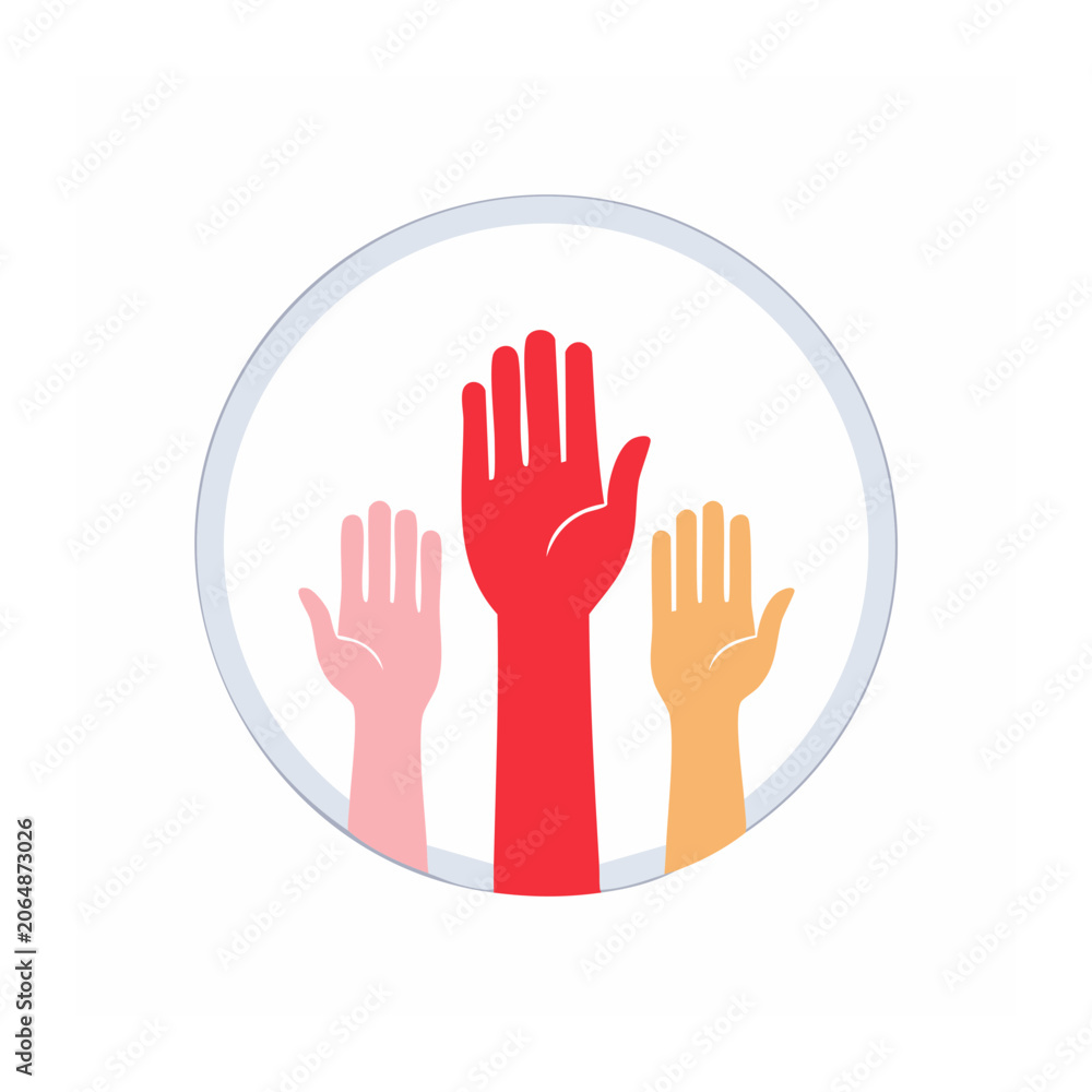 Fototapeta premium Three hands raised in a circular frame icon