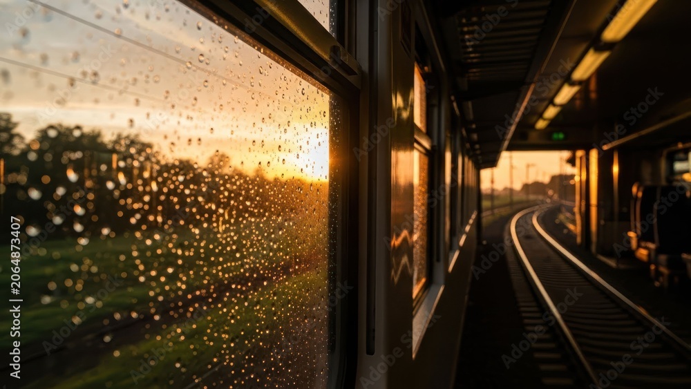 Fototapeta premium P?r do sol chuvoso visto do trem