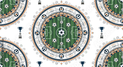 Repeating pattern of soccer field diagrams and trophy icons enclosed in circular frames with intricate swirling line art for sports themed background textures.