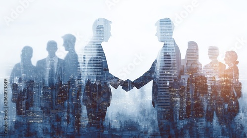 Double exposure business team meeting with city partnership success