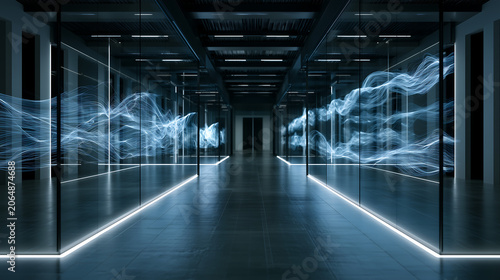 Futuristic data center with glowing blue energy streams flowing through server racks.