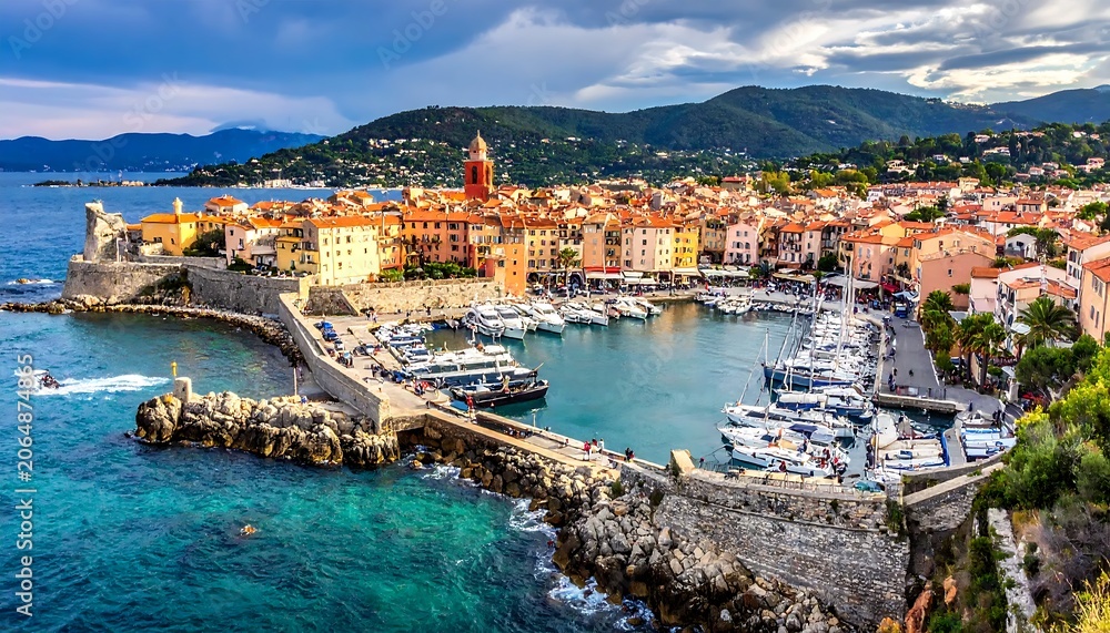 Obraz premium Colorful Coastal Town Surrounding Busy Marina Under Dramatic Cloudy Sky