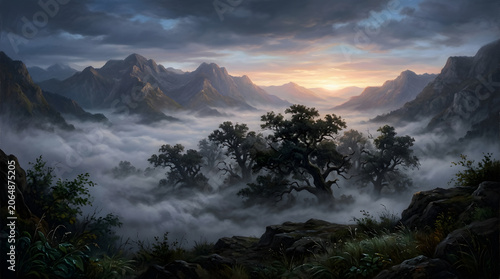 there is a painting of a mountain scene with trees in the foreground