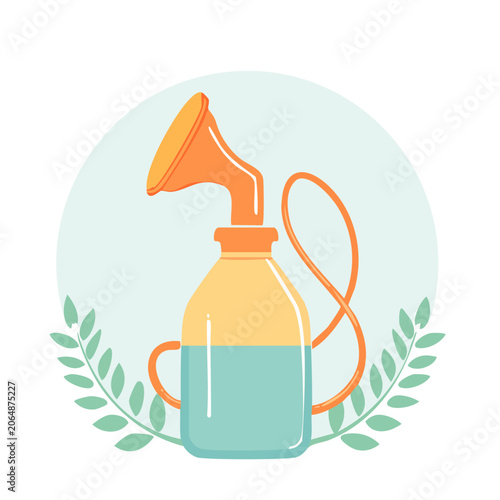 Flat design illustration of a breast pump with bottle and tube