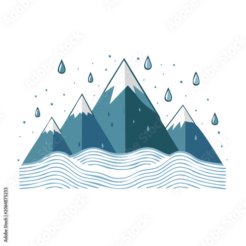 Flat design mountain range with water and raindrops