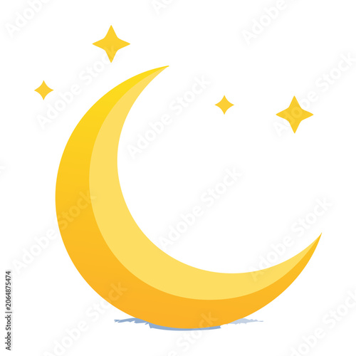 Yellow crescent moon with stars on transparent background