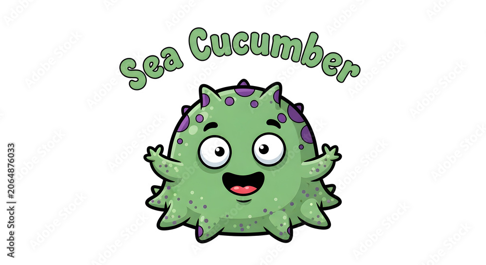 Fototapeta premium A cheerful sea cucumber mascot waves happily on a white background with purple spots.