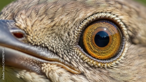 Detailed close-up of a bird's golden eye and textured feathers.