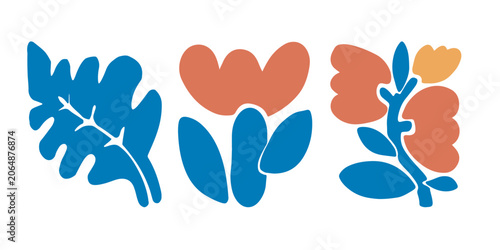Three blue plants and abstract orange flowers.  Transparent background-01.eps
