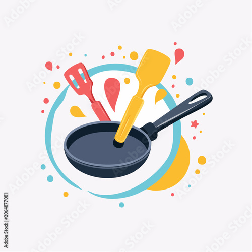 Frying Pan and Spatulas with Colorful Splashes