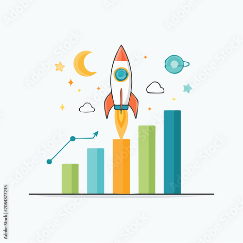 Rocket Launching Over Bar Chart
