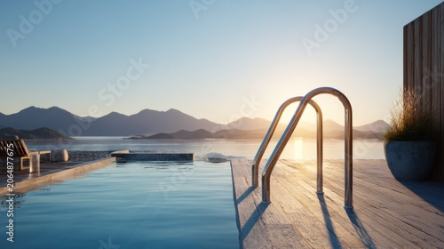 Luxurious infinity edge swimming pool overlooks vast body of water during tranquil sunset
