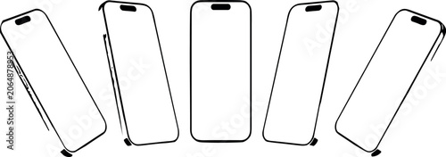 Foto Five modern smartphone silhouettes in a row with different screen sizes and orie