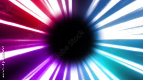 Vibrant Abstract Radial Burst with a Central Black Circle and Pink Purple and Blue White Streaks Emanating Outward