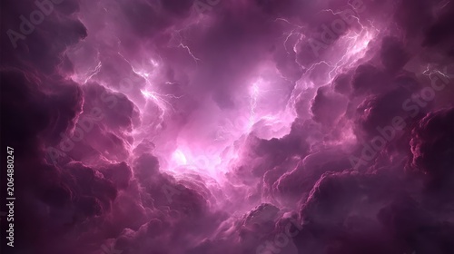 Vivid pink and purple storm clouds illuminate a dramatic atmospheric scene with electrical discharge.