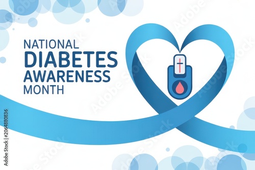 National Diabetes Awareness Month banner with blue ribbon heart and blood glucose meter icon on a light background