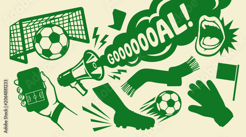 Soccer fan's dream A vibrant collage of game day essentials in a dynamic, modern graphic style