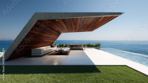 Modern architectural pavilion overlooks expansive blue ocean horizon under clear sky