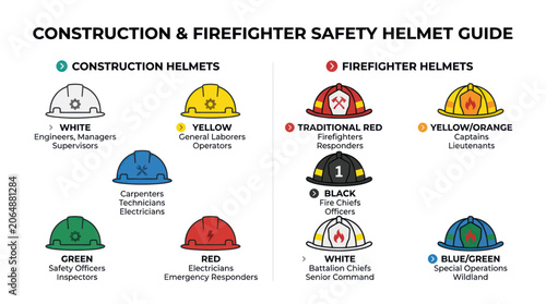 Schilderij op canvas Construction and firefighter safety helmet color guide with job roles