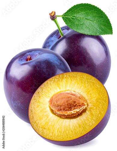 A cut plum and two whole plums