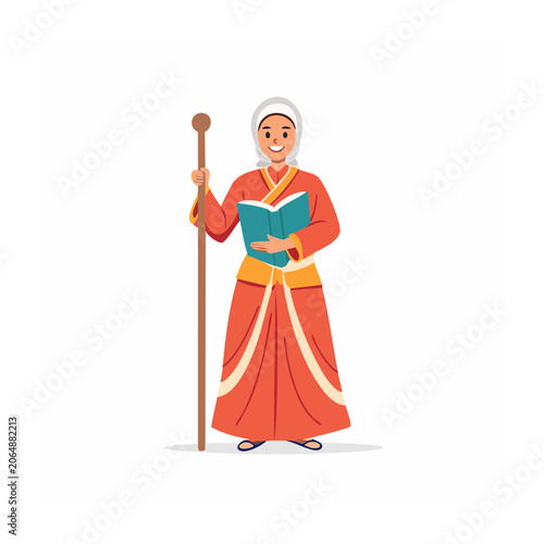 Cartoon woman in traditional robe holding staff and book