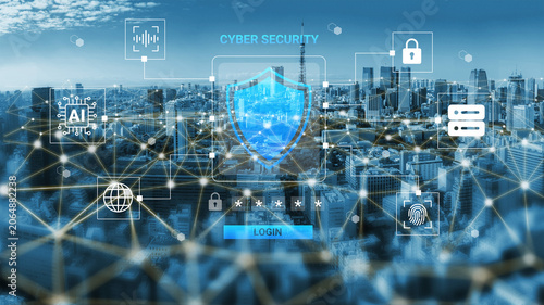 Obraz na plátně This image showcases a vibrant urban skyline with a focus on cyber security, featuring icons of protection, login, and artificial intelligence within a connected digital environment