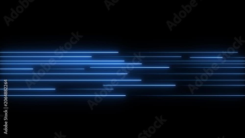 Horizontal Array of Bright Electric Blue Neon Light Streaks Moving Rapidly from Left to Right Across a Deep Black Background Symbolizing Data Transfer and High-Speed Connectivity in a Digital Network