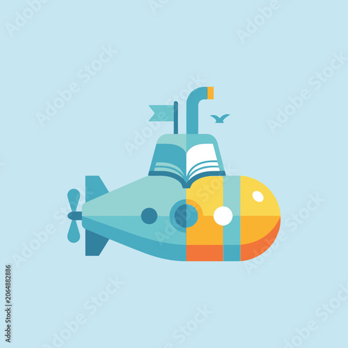 A colorful submarine illustration featuring an open book on top