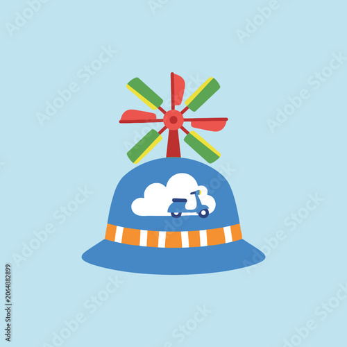 A colorful blue hat with a spinning propeller and scooter icon