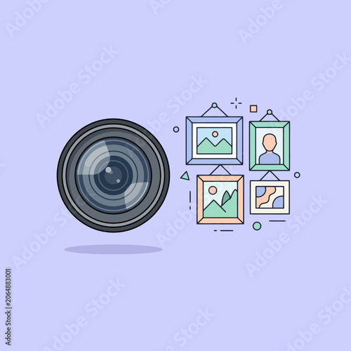 A camera lens next to a collection of framed wall art