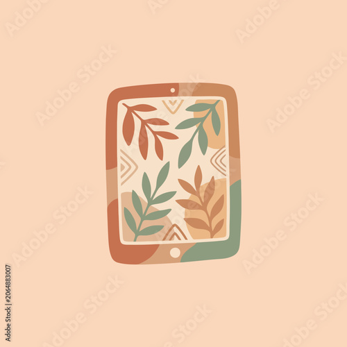 A digital tablet display featuring a decorative botanical leaf pattern