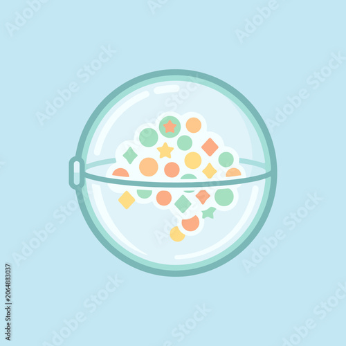 A transparent sphere containing many colorful geometric shapes inside