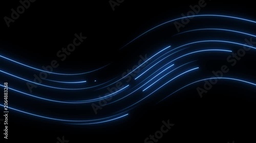 Flowing Wave of Bright Electric Blue Neon Light Streaks Moving in a Wavy Pattern Across a Dark Black Background Representing Data Streams and Digital Information Movement