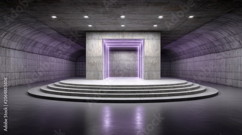 Futuristic concrete stage setup features a central platform with tiered steps illuminated by purple glowing borders.