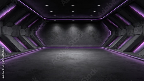 Futuristic empty interior space illuminated with vibrant neon purple light strips