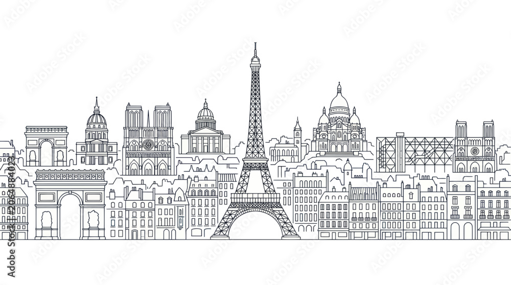 Fototapeta premium Parisian Skyline Outline: Eiffel Tower, Arc de Triomphe, Notre Dame - Black and White