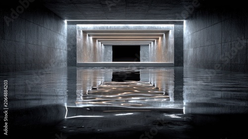 Illuminated architectural passage features a highly reflective, wet floor surface extending toward a dark opening.