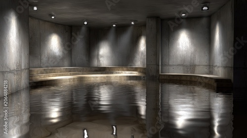 Dramatic interior space features concrete walls, tiered seating, and reflective water surface illuminated by ceiling spotlights