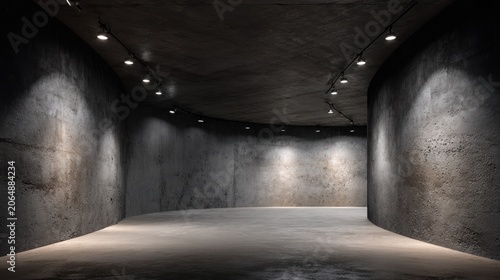 Illumination highlights the textured surfaces inside a dramatically lit, curved corridor constructed of dark material