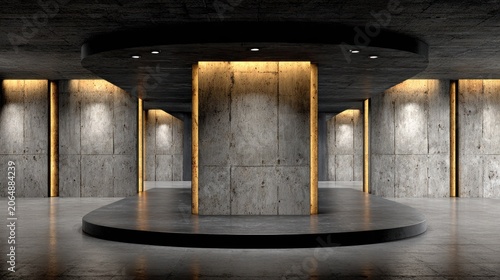 Modern exhibition space features raw concrete walls illuminated by warm accent lighting