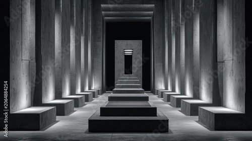 Stark concrete corridor features symmetrically arranged seating platforms and upward lighting creating deep shadows