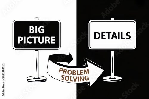 Conceptual illustration of problem solving moving from big picture to details on a split black and white background