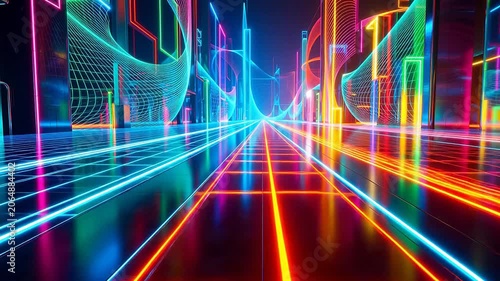 Dynamic Neon Cityscape with Abstract Light Trails and Digital Data Flow, Evoking Futuristic Technology and Cyber Connectivity