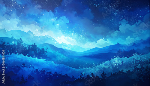 pixel art night landscape with blue glowing mountains and sparkling starry sky in dreamy synthwave style