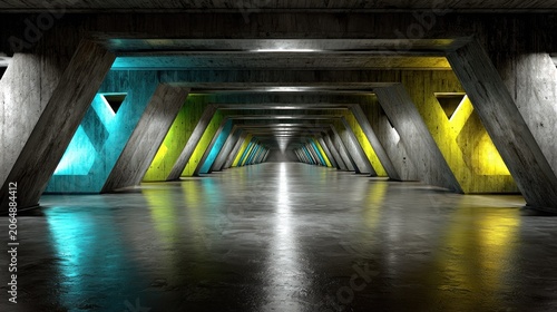 Repetitive concrete tunnel structure features illuminated sections with contrasting bright colors.