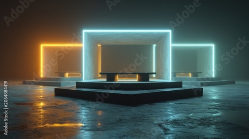 Three illuminated geometric display pedestals rest upon a wet, reflective concrete floor in a dark setting